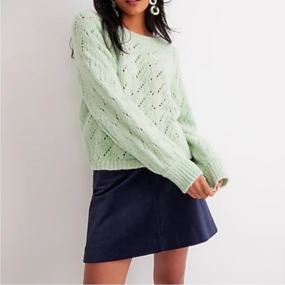NWT JCrew Mint Green Pointelle Crewneck Knit Long Sleeve Sweater BJ595 Womens M